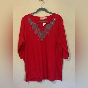 NWT sparkly floral embellished red and blue top size 1X